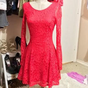 Divided by H&M Red Lace Sleeve Fit & Flare Dress